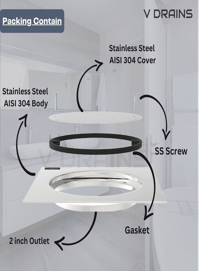 V Drains SS304 5x5 inch Clean Out Floor Drain with Gasket (125mm x 125mm) for Bathroom/Balcony/Roof/Terrace/Floor/Parking Anti Foul | Anti-Cockroach Finish: Glossy (Crome) (5x5 inches) - Image 5